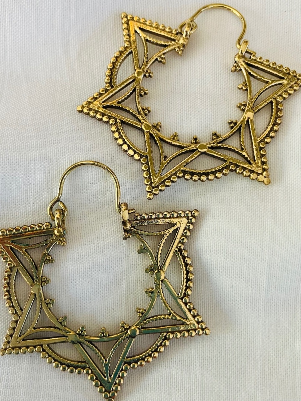 New Golden Embossed Star / Circle Brass Hoop Earrings / Tribal Made in Nepal